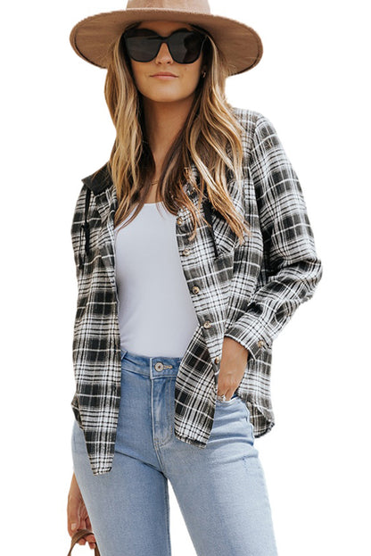 Khaki Drawstring Plaid Hooded Shirt Shacket
