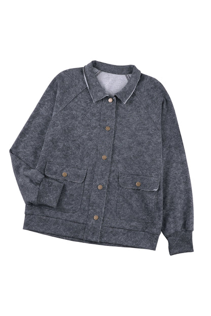 Gray Snap Button Casual Flap Pockets Washed Jacket