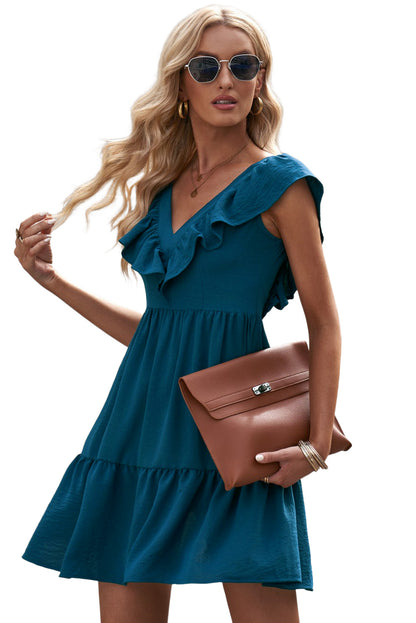 Blue Ruffle Trim V Neck Casual Smocked Back Mini Dress