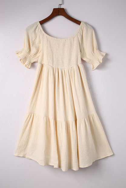 Apricot Puff Sleeve Square Neck Smocked Babydoll Dress