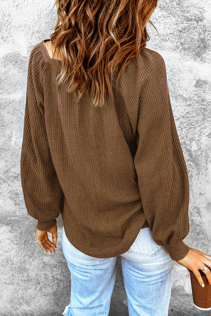 Pink Waffle Texture Casual Square Neck Pullover Top