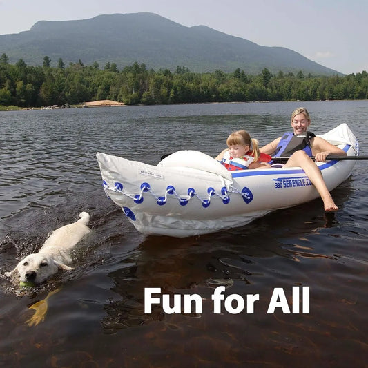 SE330 Two Person Inflatable Sport Kayak Boat with Seats, Paddles, and Lightweight Bag