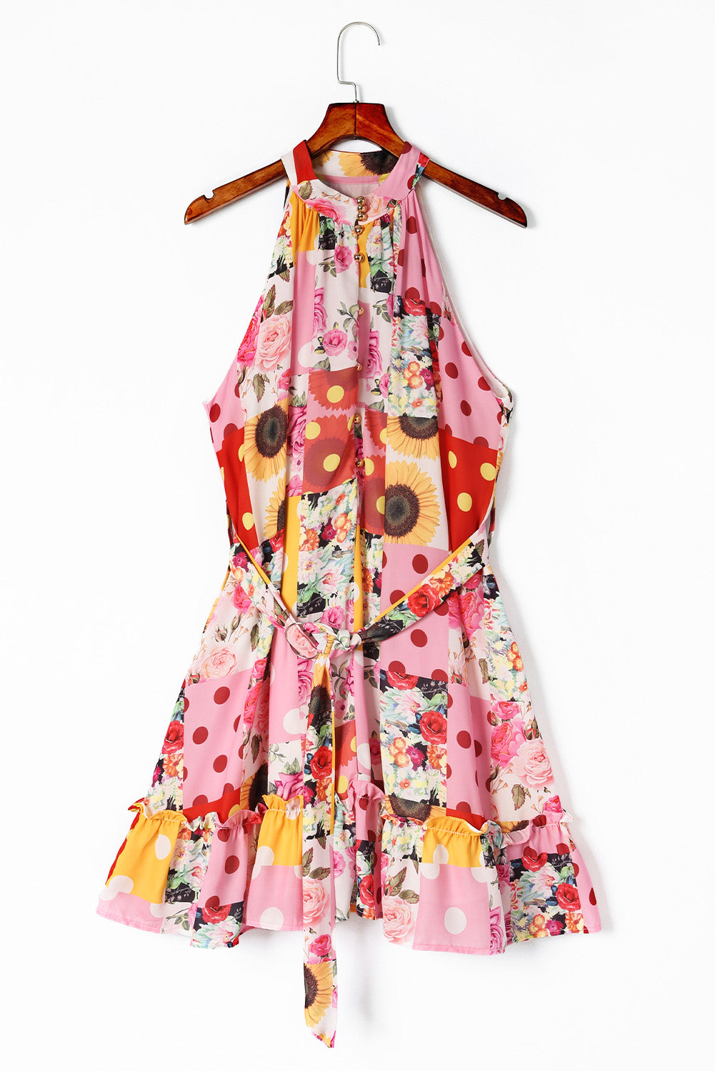 Floral Print Buttoned Waist Belted Sleeveless Flounce Hem Halter Dress