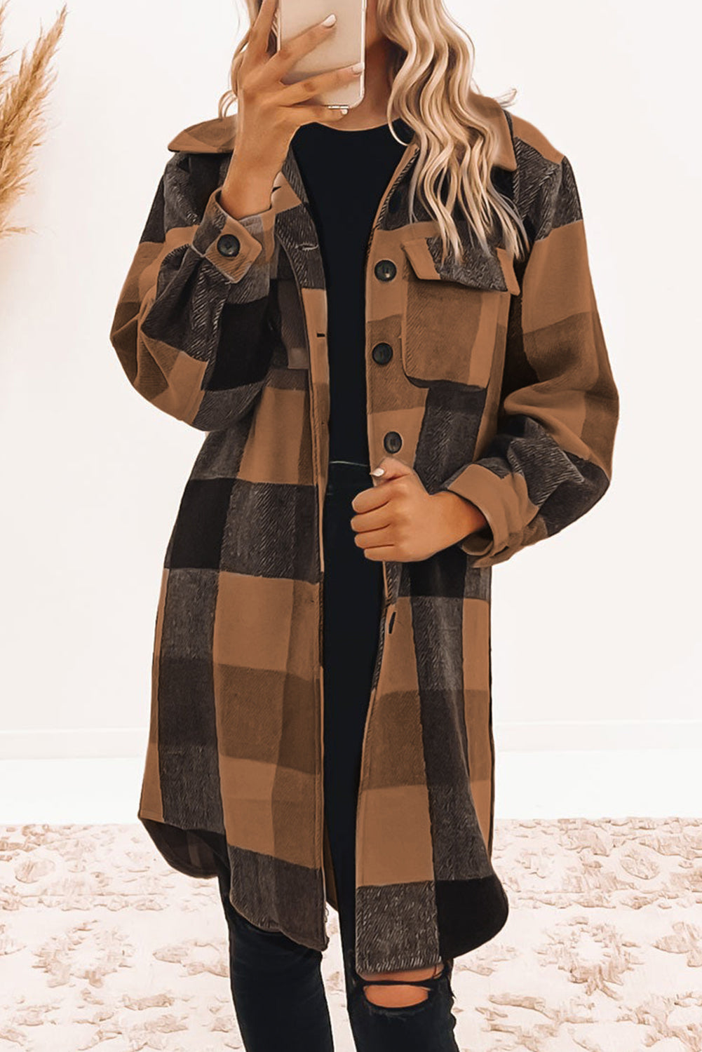 Khaki Plaid Colorblock Button Down Flap Pocket Long Shacket