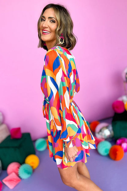 Red Abstract Printed Belted Puff Sleeve Short Dress