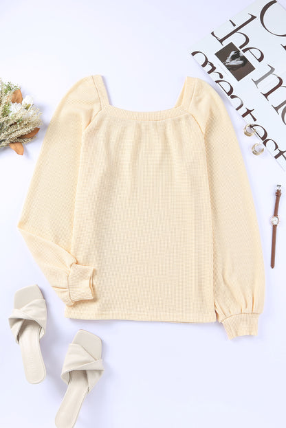 Pink Waffle Texture Casual Square Neck Pullover Top