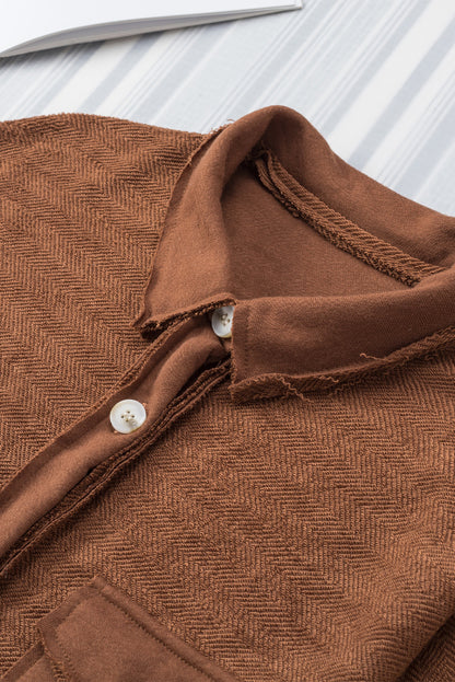 Black Plain Textured Button Up Shirt Shacket with Flap Pockets
