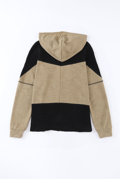 Khaki Dark Washed Patchwork Zip Up Hooded Jacket