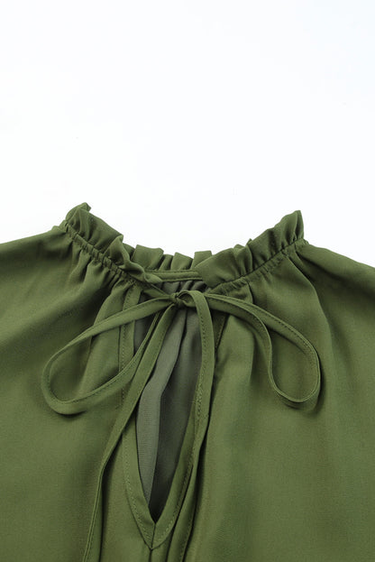 Olive Green Casual Lantern Sleeve V Neck Short Tiered Dress