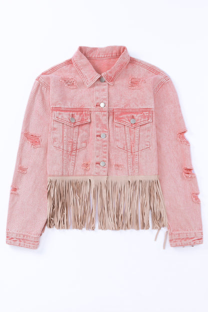 Pink Distressed Ripped Fringe Hem Cropped Denim Jacket