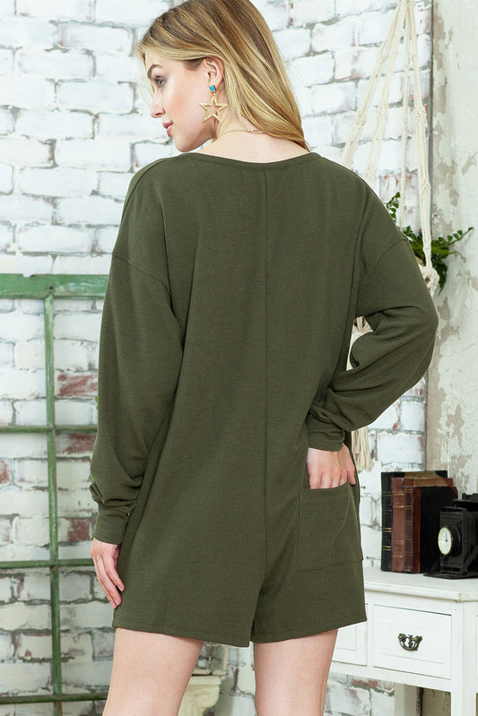 Green Henley V Neck Pocketed Ribbed Romper