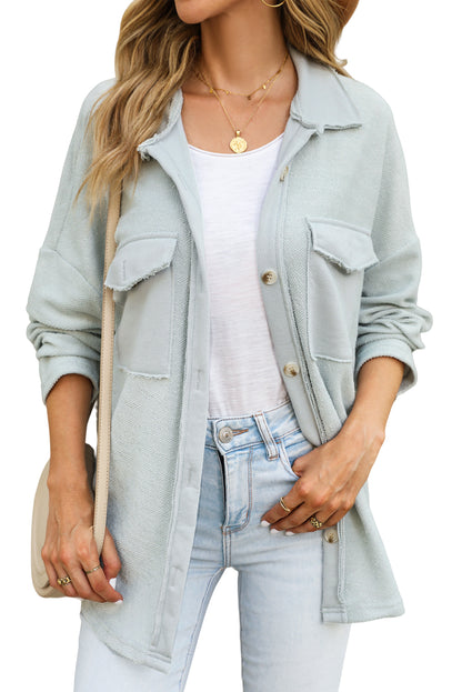 Black Plain Textured Button Up Shirt Shacket with Flap Pockets