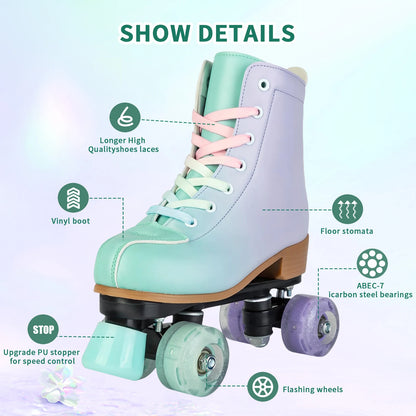 Women's Tricolored PU Leather Quad Roller Skates