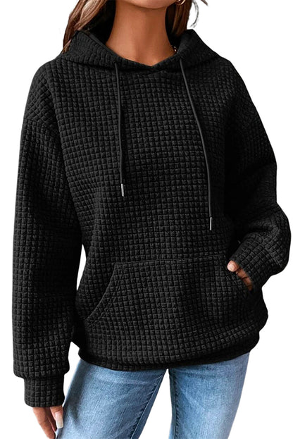 Khaki Lattice Textured Kangaroo Pocket Drawstring Hoodie
