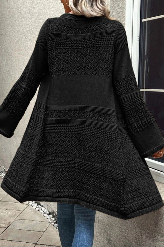 Black Pointelle Knit Open Front Long Cardigan