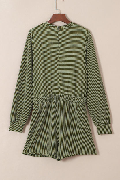 Pickle Green Corded Long Sleeve Pockets Drawstring Romper