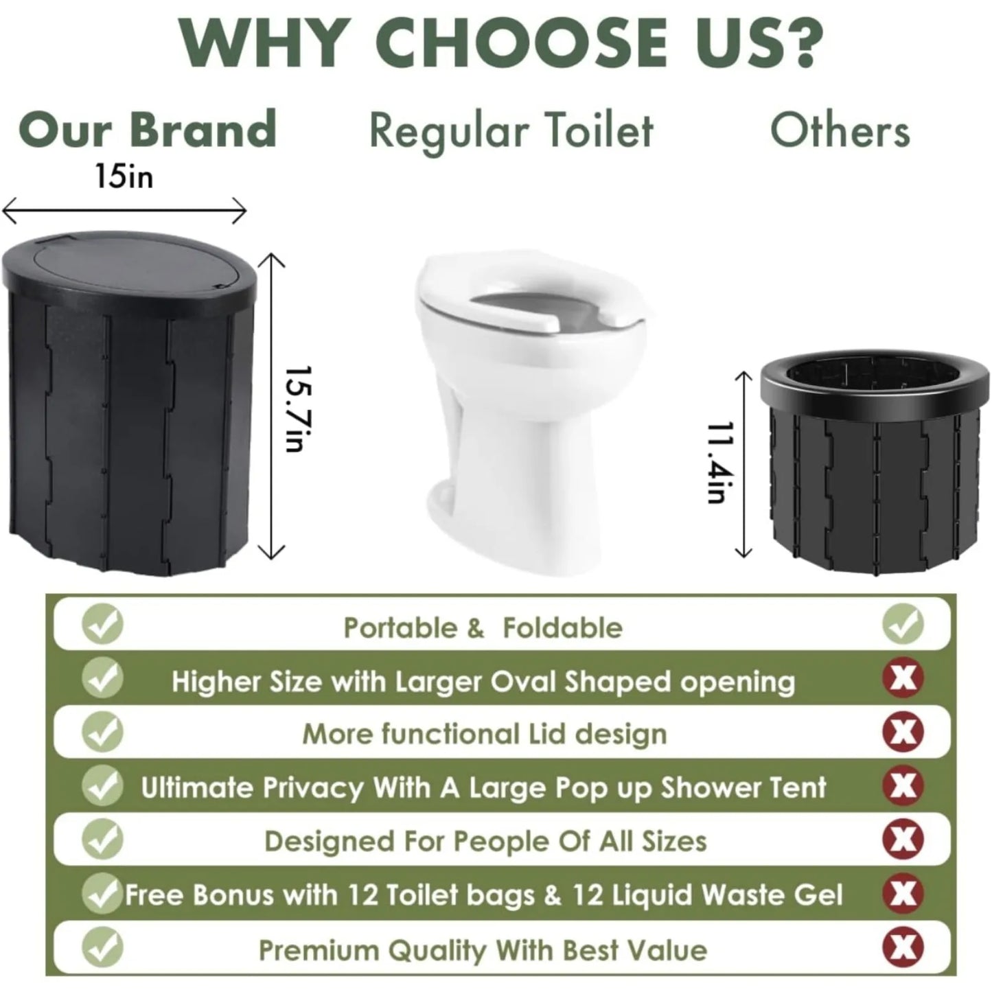 X Large Camping Folding Toilet, 12 Toilet bags, 12 pack Liquid Waste