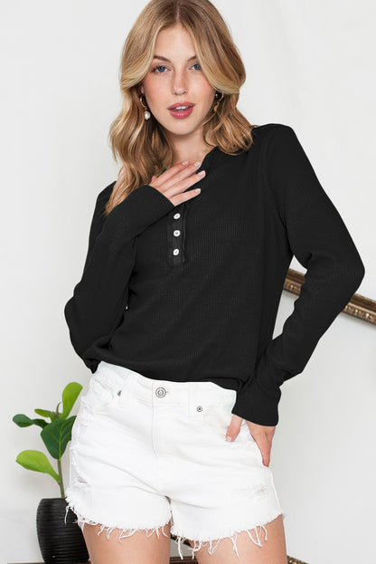 Gray Solid Color Waffle Knit Long Sleeve Henley Shirt