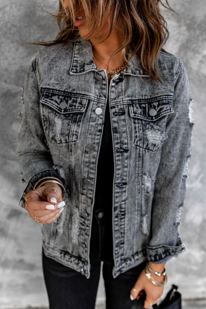 Grey Distressed Buttons Washed Denim Jacket