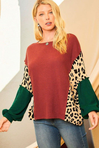 Brown Waffle Leopard Splicing Bishop Sleeve Top