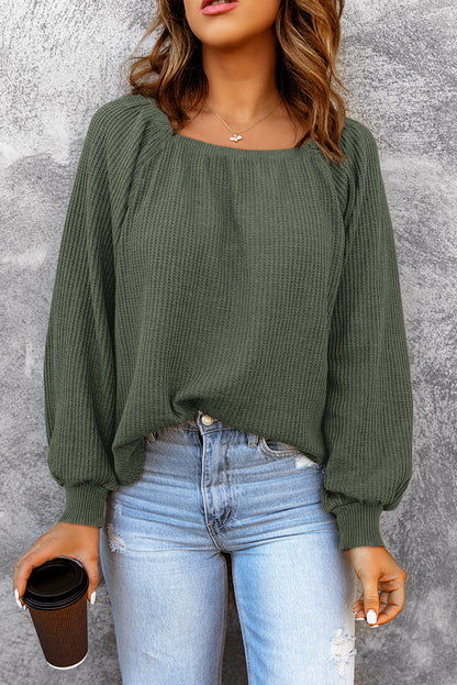 Pink Waffle Texture Casual Square Neck Pullover Top