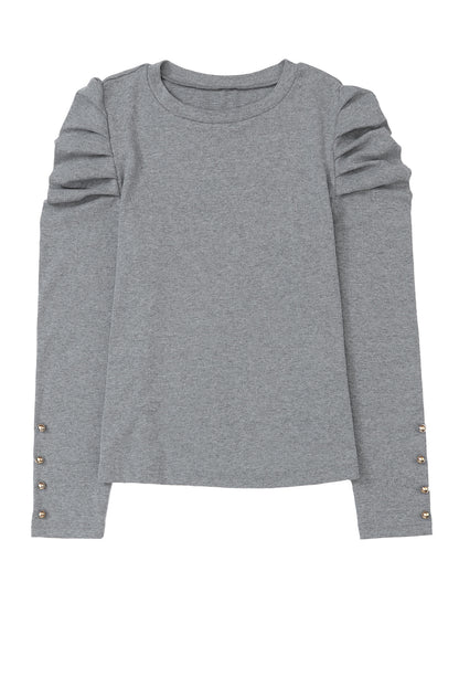 Green Basic Buttoned Puff Long Sleeve Sheath Top
