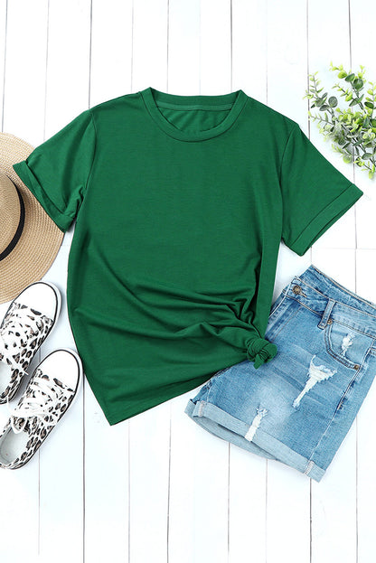 Green Plain Solid Color Crew Neck Tee