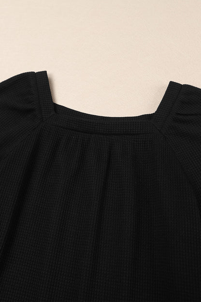 Pink Waffle Texture Casual Square Neck Pullover Top