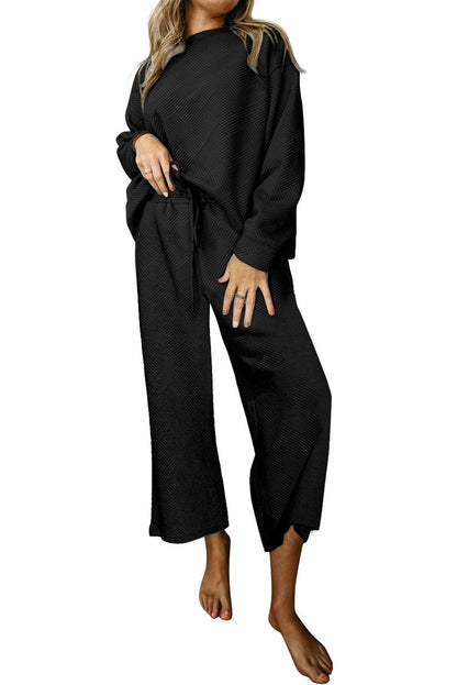 Dark Brown Textured Loose Slouchy Long Sleeve Top and Pants Set