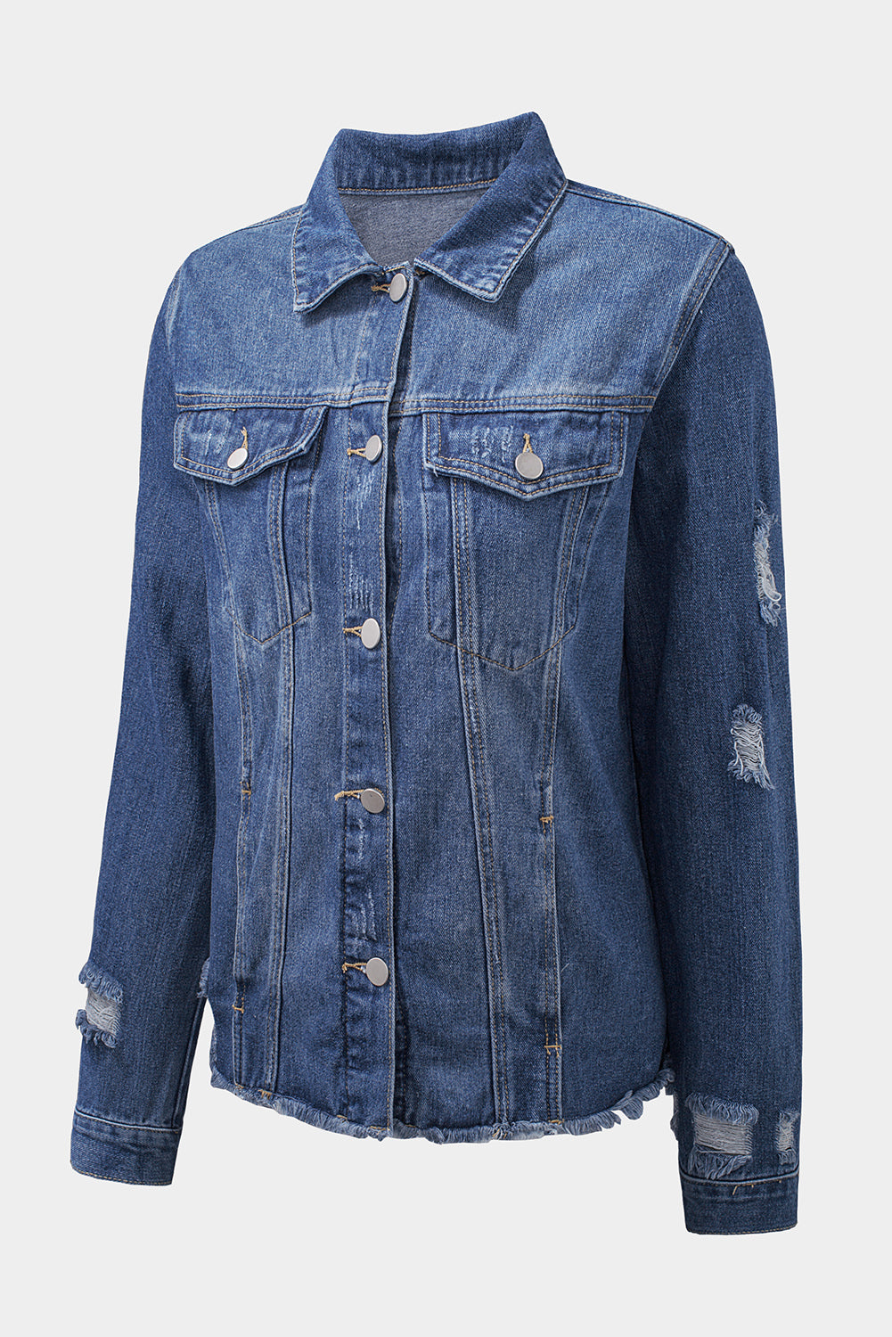 Black Casual Distressed Raw Hem Buttons Denim Jacket