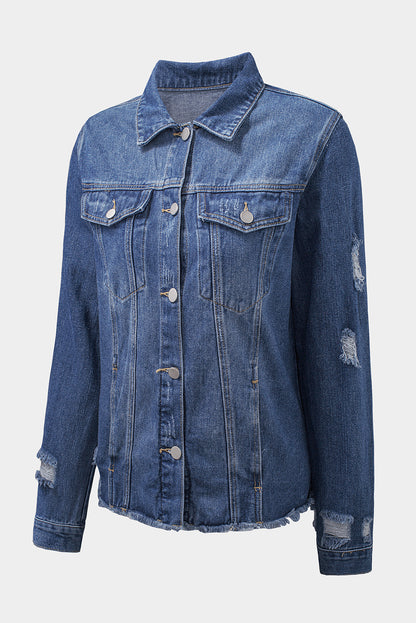 Black Casual Distressed Raw Hem Buttons Denim Jacket