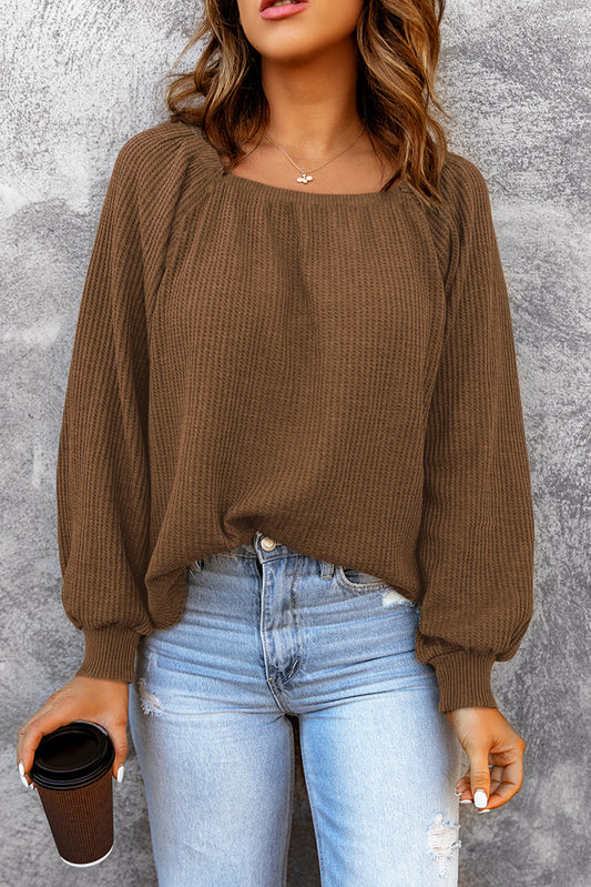 Pink Waffle Texture Casual Square Neck Pullover Top