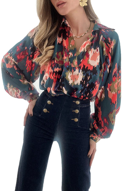 Green Graffiti Colorblock Casual V Neck Puff Sleeve Blouse