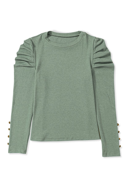 Green Basic Buttoned Puff Long Sleeve Sheath Top