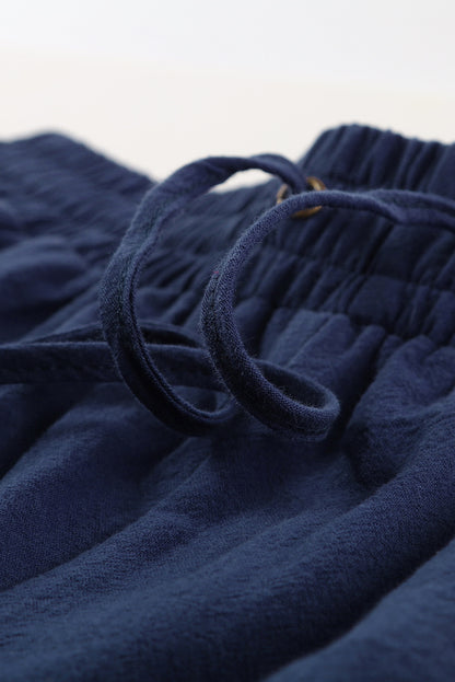 Dark Blue Pocket Drawstring Elastic Waist Straight Leg Pants