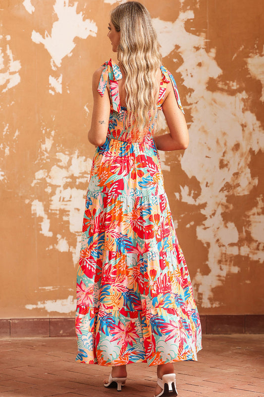 Multicolor Boho Tropical Print Smocked Ruffle Tiered Maxi Dress