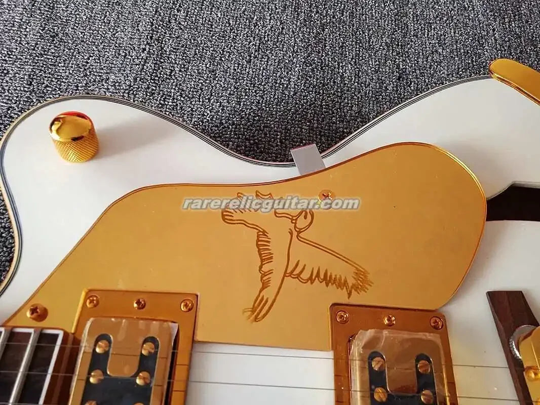 White Falcon Semi Hollow Body Jazz Electric Guitar Gold Sparkle Binding Bigs Tremolo Bridge Grover Imperial Tuners Gold Hardware