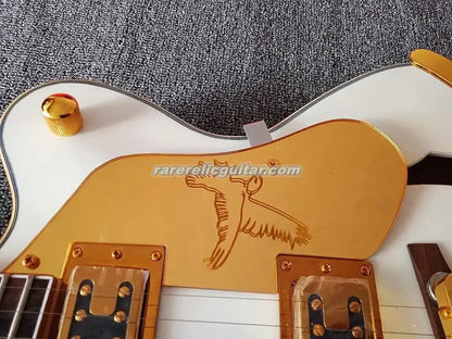White Falcon Semi Hollow Body Jazz Electric Guitar Gold Sparkle Binding Bigs Tremolo Bridge Grover Imperial Tuners Gold Hardware