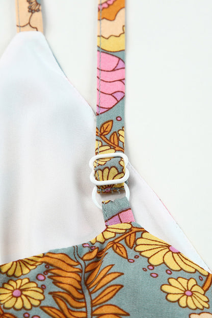 Sky Blue Floral Adjustable Straps Tiered Wide Leg Jumpsuit