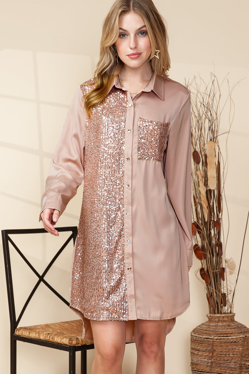 Khaki Sequin Splicing Pocket Button Shirt Dress