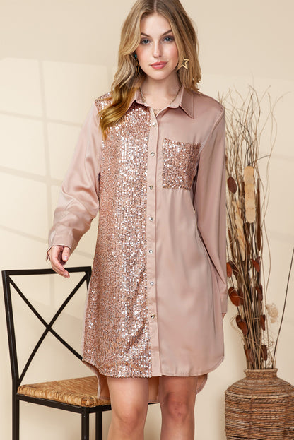 Khaki Sequin Splicing Pocket Button Shirt Dress