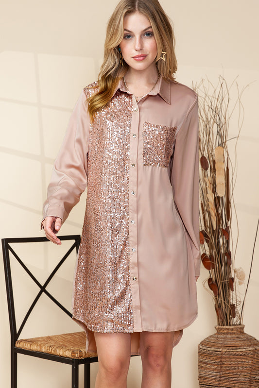 Khaki Sequin Splicing Pocket Button Shirt Dress