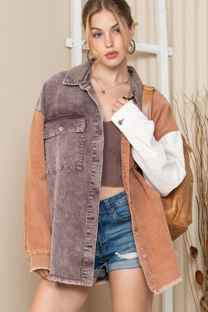 Khaki Color Block Raw Hem Button Up Corduroy Shacket