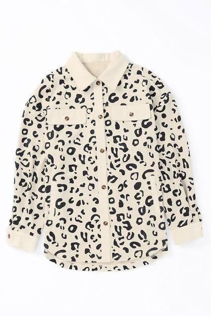 Apricot Leopard Collared Neckline Flap Pockets Corduroy Shacket