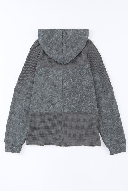Khaki Dark Washed Patchwork Zip Up Hooded Jacket