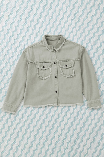 Green Distressed Flap Pockets Frayed Hem Denim Jacket