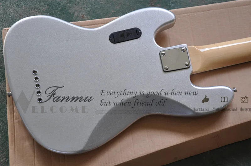 JB 5 String Electric Bass, Silver Body with Black Maple Headstock