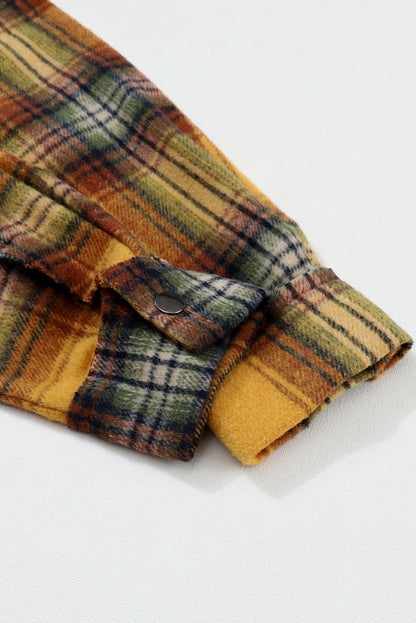Orange Plaid Patchwork Frayed Trim Snap Button Hooded Jacket