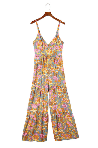 Sky Blue Floral Adjustable Straps Tiered Wide Leg Jumpsuit