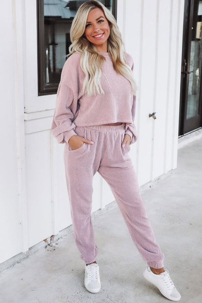 Apricot Powder Corduroy Lantern Sleeve Pullover and Joggers Set